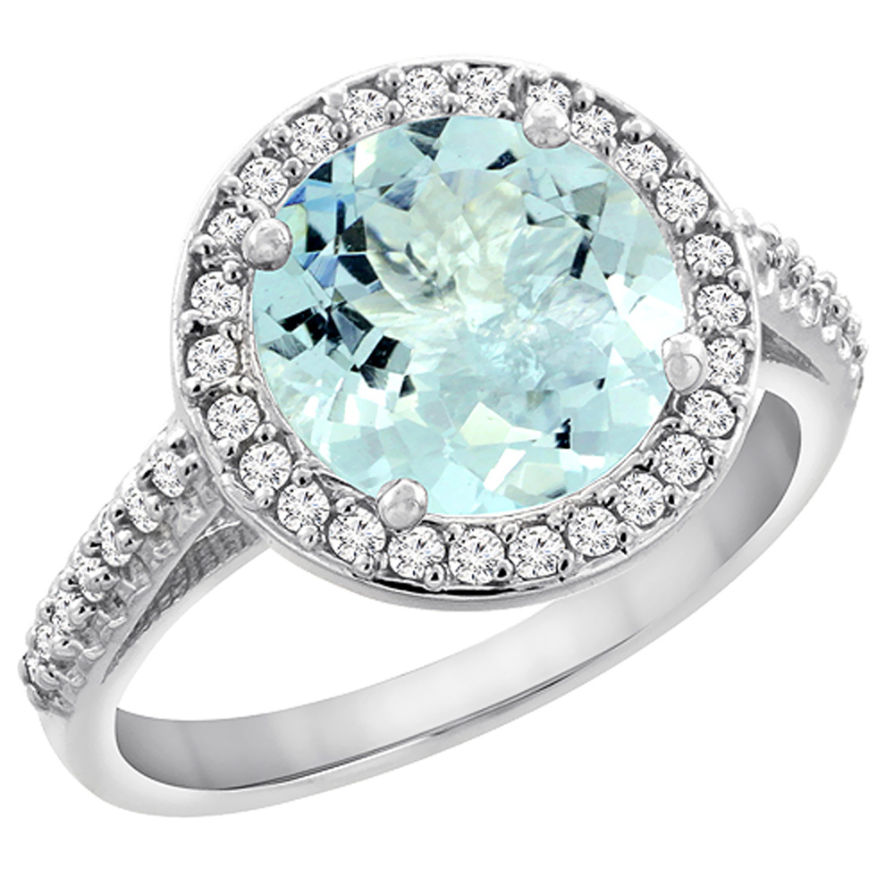 14K White Gold Natural Aquamarine Ring Round 8mm Diamond Halo, sizes 5 to 10