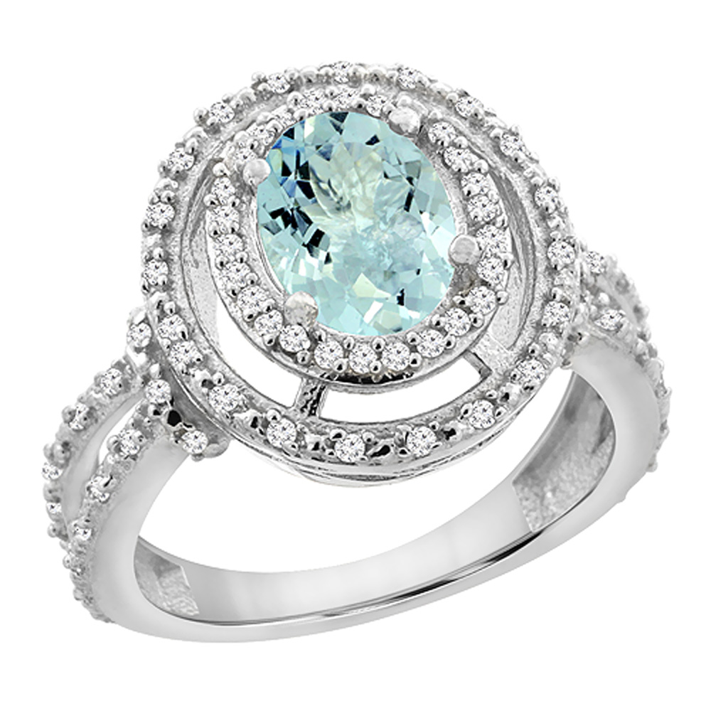 14K Yellow Gold Natural Aquamarine Ring Oval 8x6 mm Double Halo Diamond, sizes 5 - 10