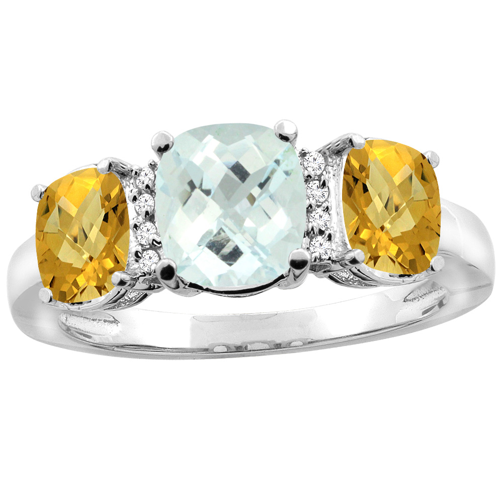 14K White Gold Natural Aquamarine &amp; Whisky Quartz 3-stone Ring Cushion 8x6mm Diamond Accent, sizes 5 - 10