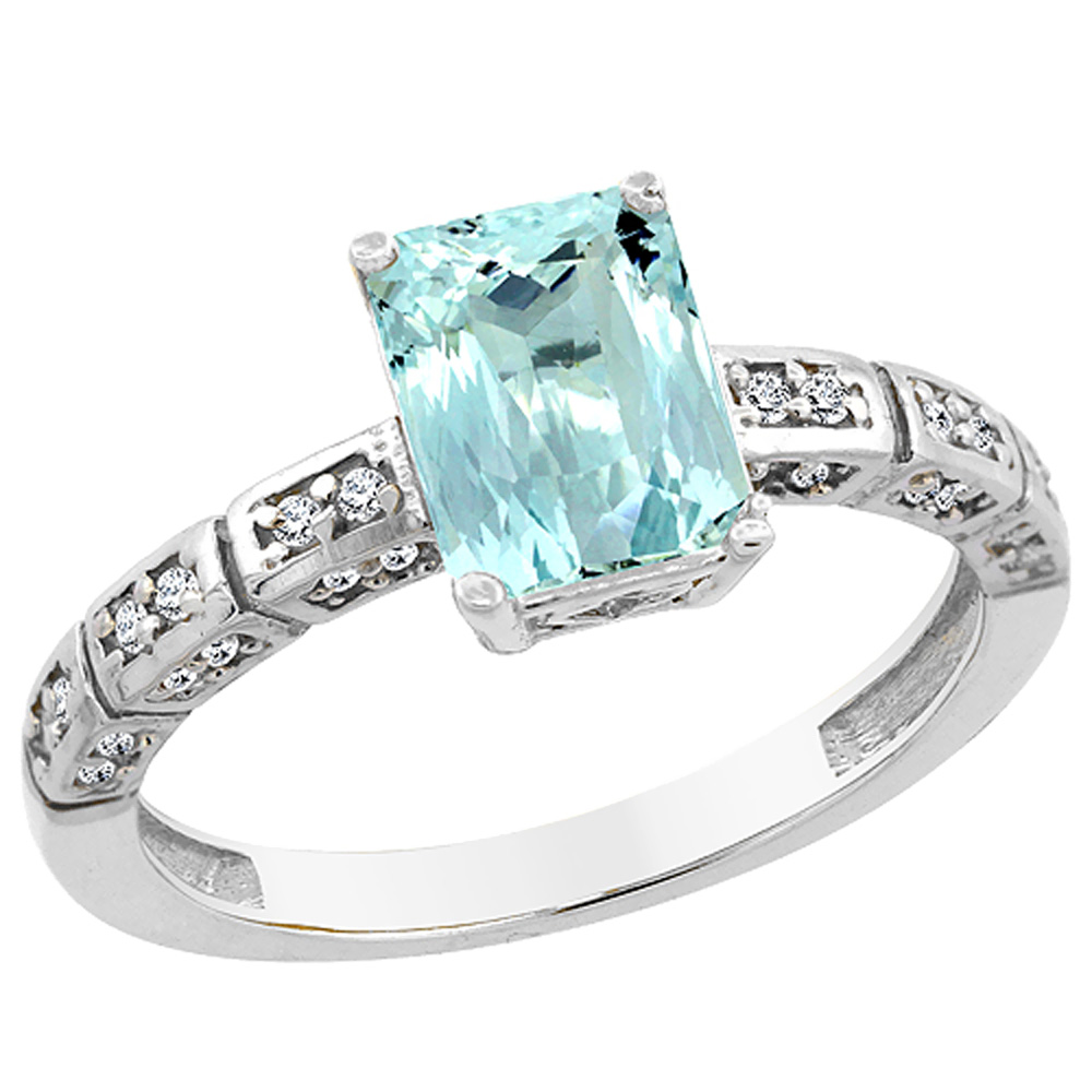 10K White Gold Natural Aquamarine Octagon 8x6 mm with Diamond Accents, sizes 5 - 10