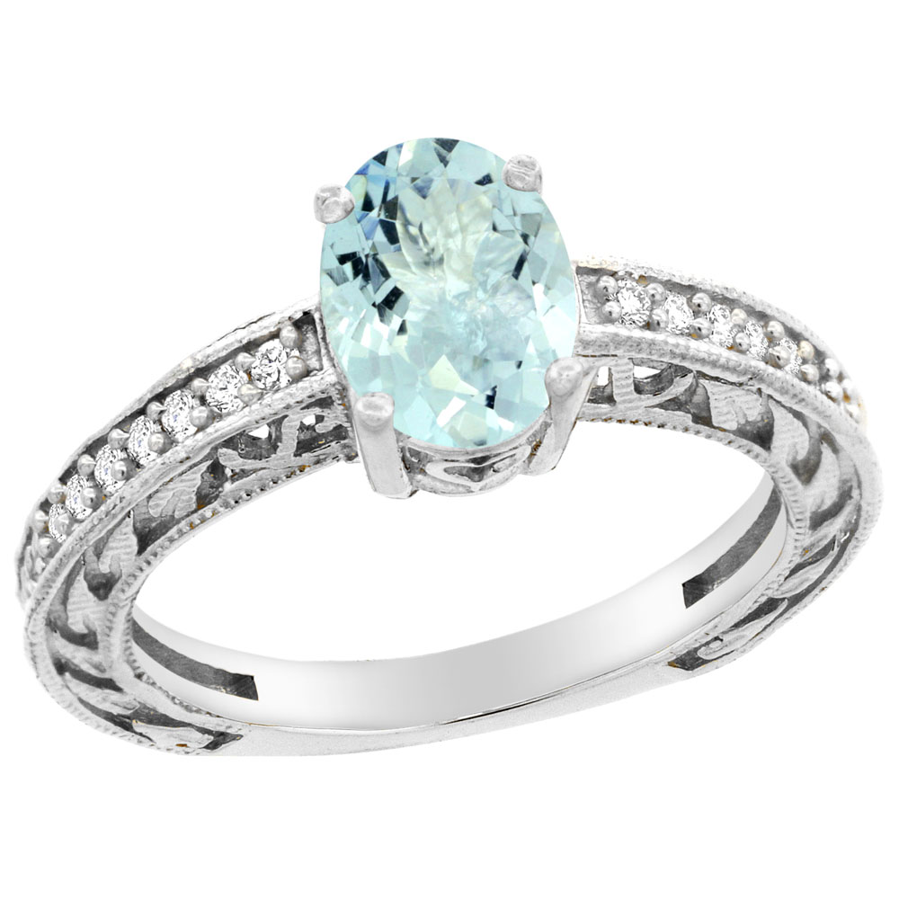 14K Gold Natural Aquamarine Ring Oval 8x6 mm Diamond Accents, sizes 5 - 10