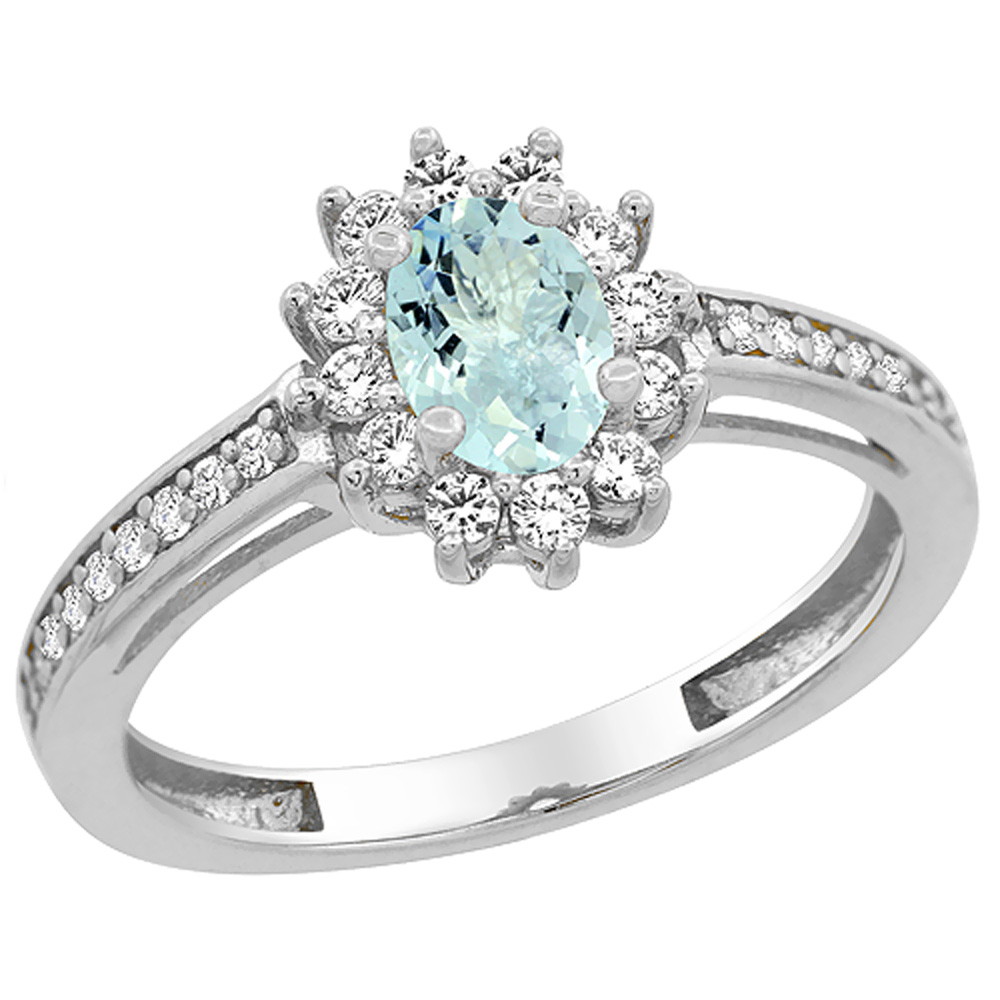14K White Gold Natural Aquamarine Flower Halo Ring Oval 6x4mm Diamond Accents, sizes 5 - 10