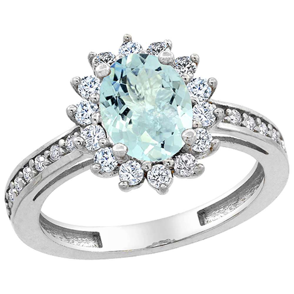 10K White Gold Natural Aquamarine Floral Halo Ring Oval 8x6mm Diamond Accents, sizes 5 - 10