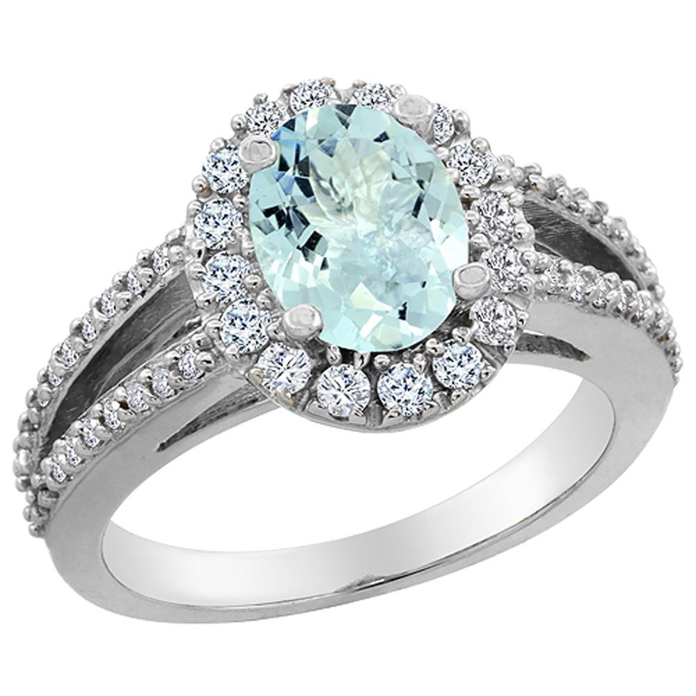 10K White Gold Natural Aquamarine Halo Ring Oval 8x6 mm with Diamond Accents, sizes 5 - 10
