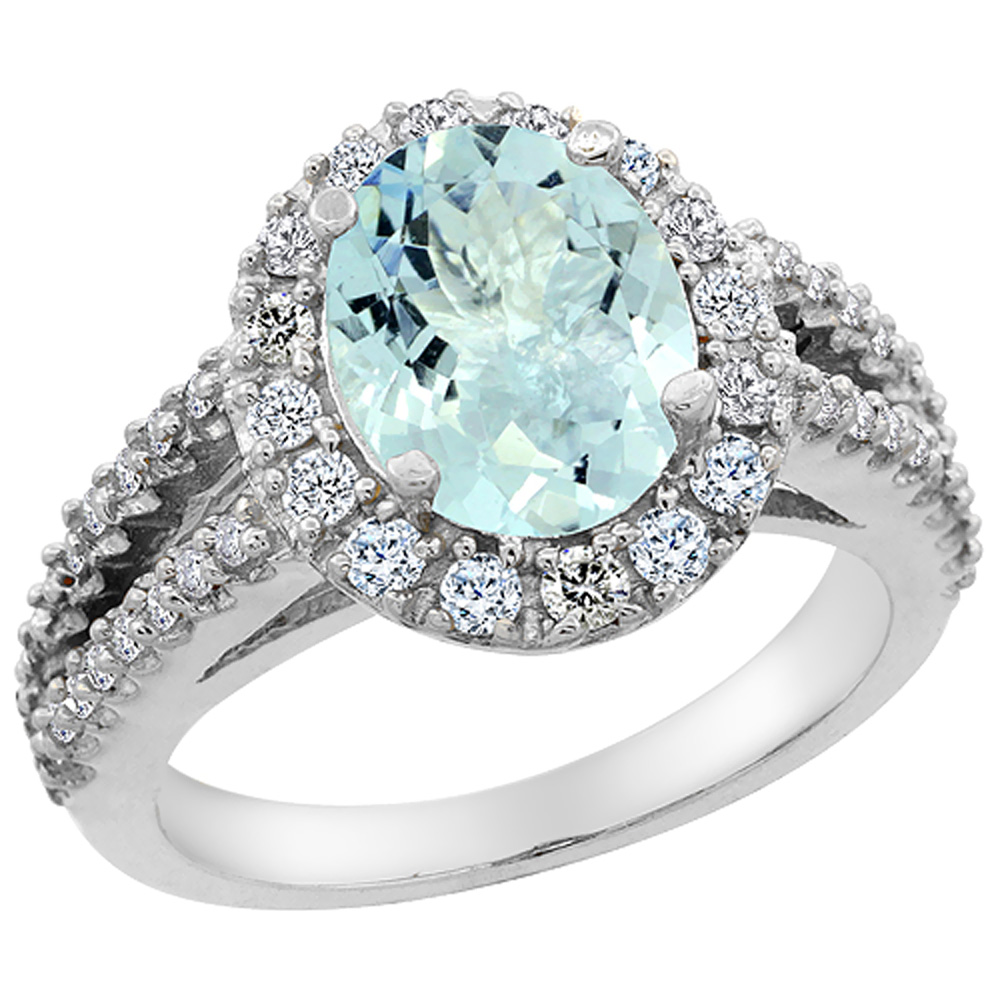 10K White Gold Diamond Natural Aquamarine Engagement Ring Oval 10x8mm, sizes 5-10
