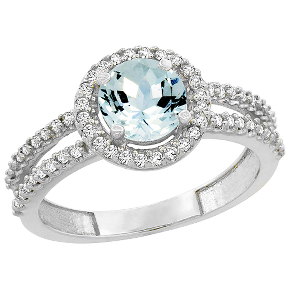 14K White Gold Natural Aquamarine Diamond Halo Ring Round 6mm, sizes 5 - 10