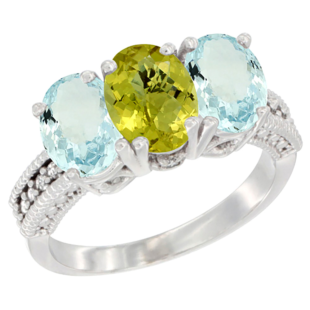 14K White Gold Natural Lemon Quartz &amp; Aquamarine Sides Ring 3-Stone Oval 7x5 mm Diamond Accent, sizes 5 - 10