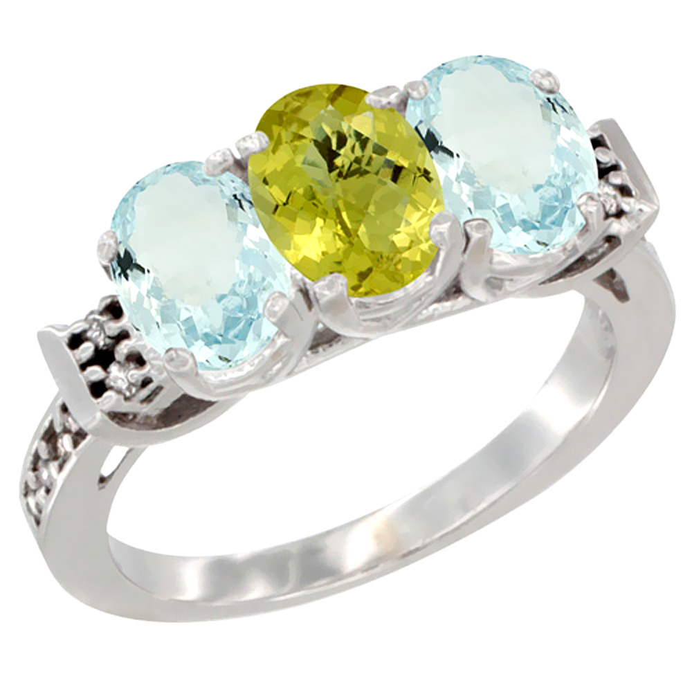 10K White Gold Natural Lemon Quartz & Aquamarine Sides Ring 3-Stone Oval 7x5 mm Diamond Accent, sizes 5 - 10