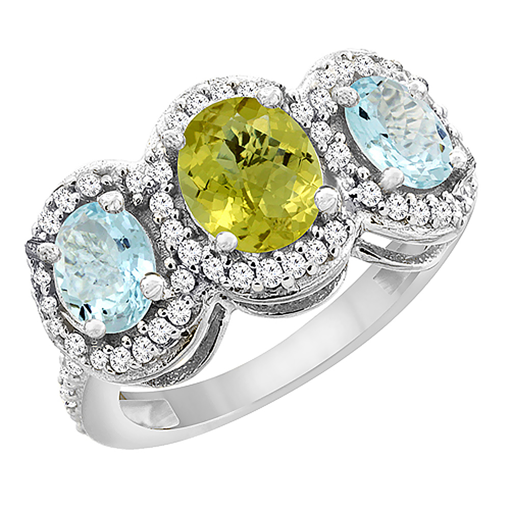 14K White Gold Natural Lemon Quartz &amp; Aquamarine 3-Stone Ring Oval Diamond Accent, sizes 5 - 10