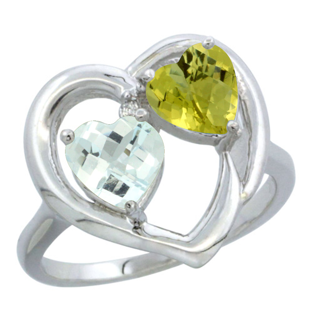 14K White Gold Diamond Two-stone Heart Ring 6mm Natural Aquamarine &amp; Lemon Quartz, sizes 5-10