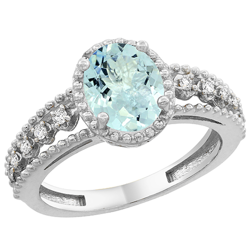 14K White Gold Natural Aquamarine Ring Oval 9x7 mm Floating Diamond Accents, sizes 5 - 10
