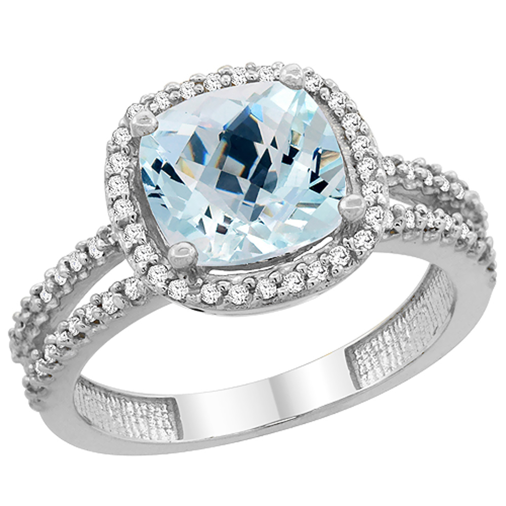 14K White Gold Natural Aquamarine Ring Cushion-cut 8x8 mm 2-row Diamond Accents, sizes 5 - 10