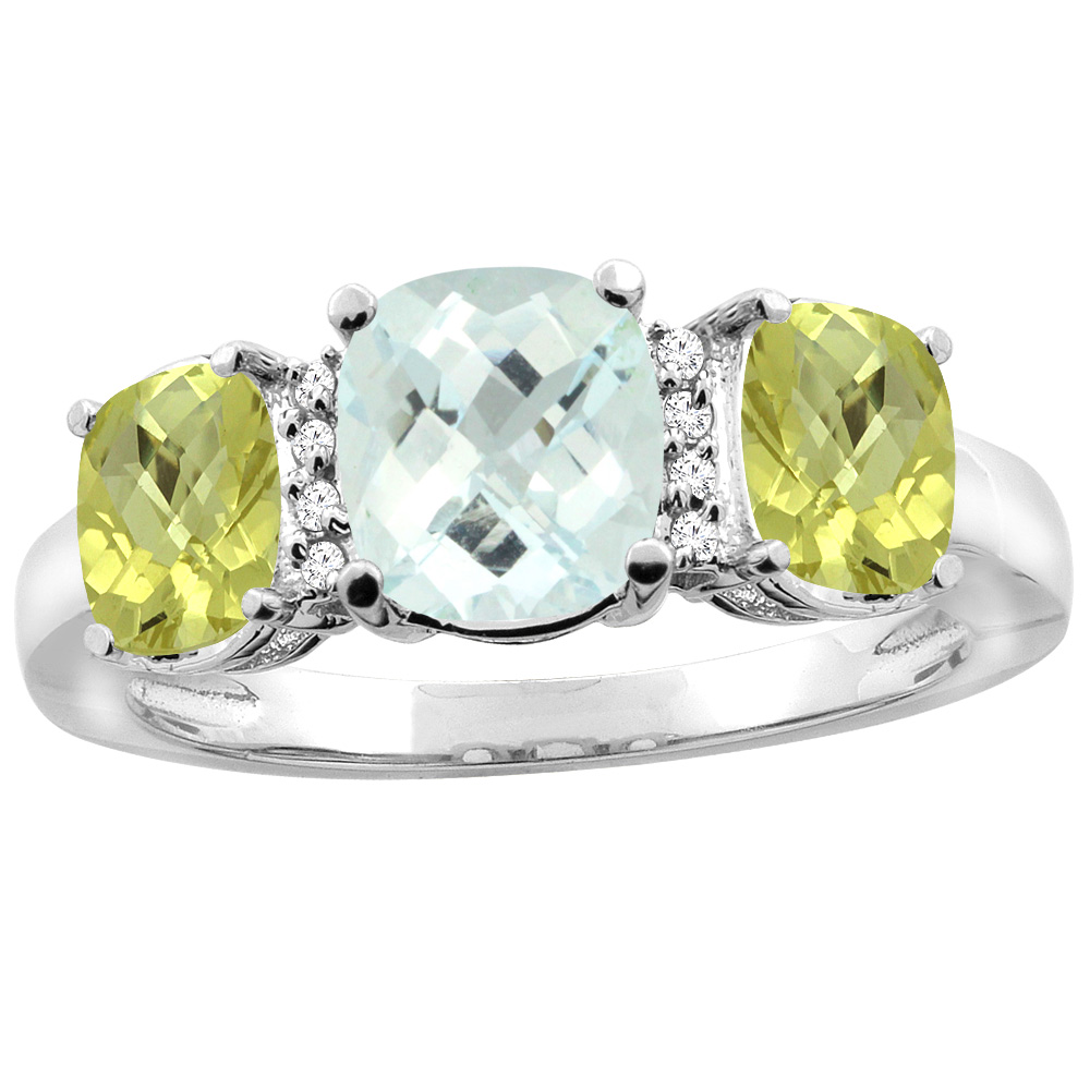 10K Yellow Gold Natural Aquamarine &amp; Lemon Quartz 3-stone Ring Cushion 8x6mm Diamond Accent, sizes 5 - 10