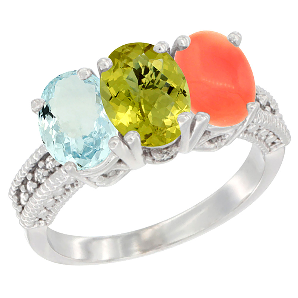 14K White Gold Natural Aquamarine, Lemon Quartz &amp; Coral Ring 3-Stone Oval 7x5 mm Diamond Accent, sizes 5 - 10