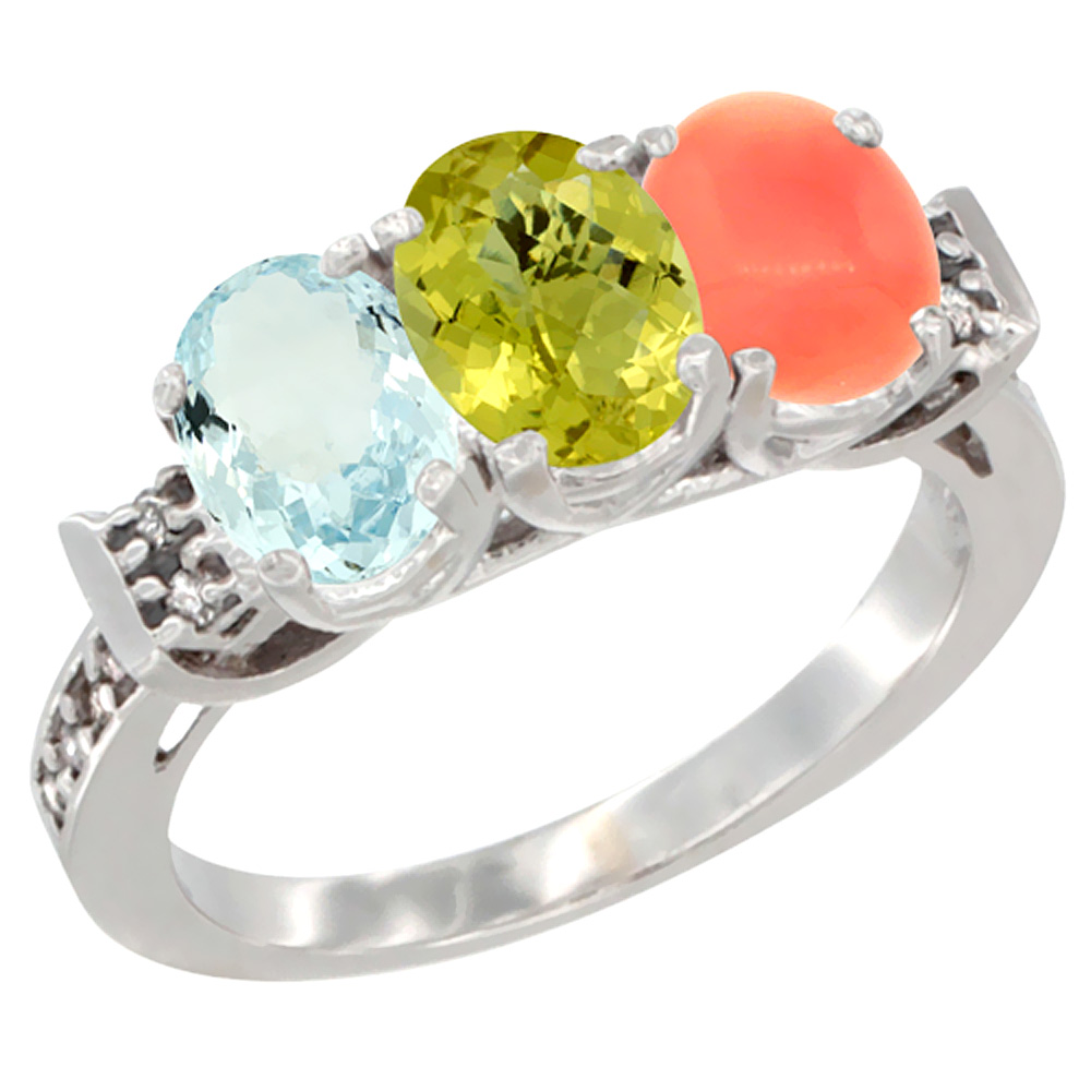 14K White Gold Natural Aquamarine, Lemon Quartz & Coral Ring 3-Stone Oval 7x5 mm Diamond Accent, sizes 5 - 10