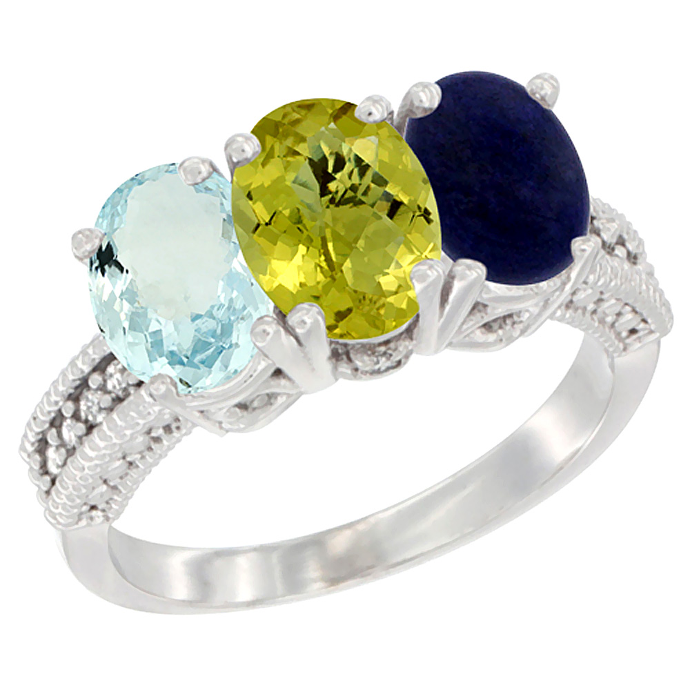 14K White Gold Natural Aquamarine, Lemon Quartz & Lapis Ring 3-Stone Oval 7x5 mm Diamond Accent, sizes 5 - 10