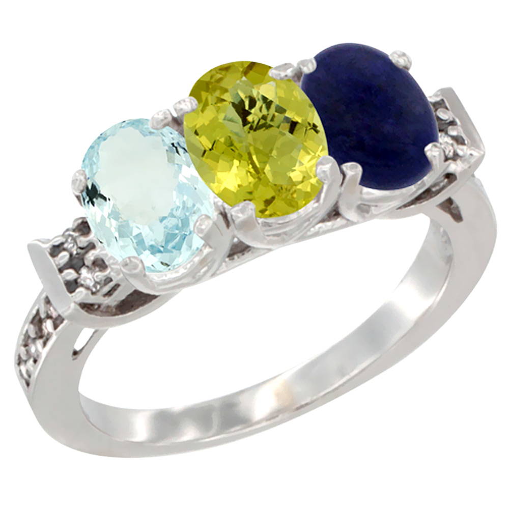 10K White Gold Natural Aquamarine, Lemon Quartz & Lapis Ring 3-Stone Oval 7x5 mm Diamond Accent, sizes 5 - 10