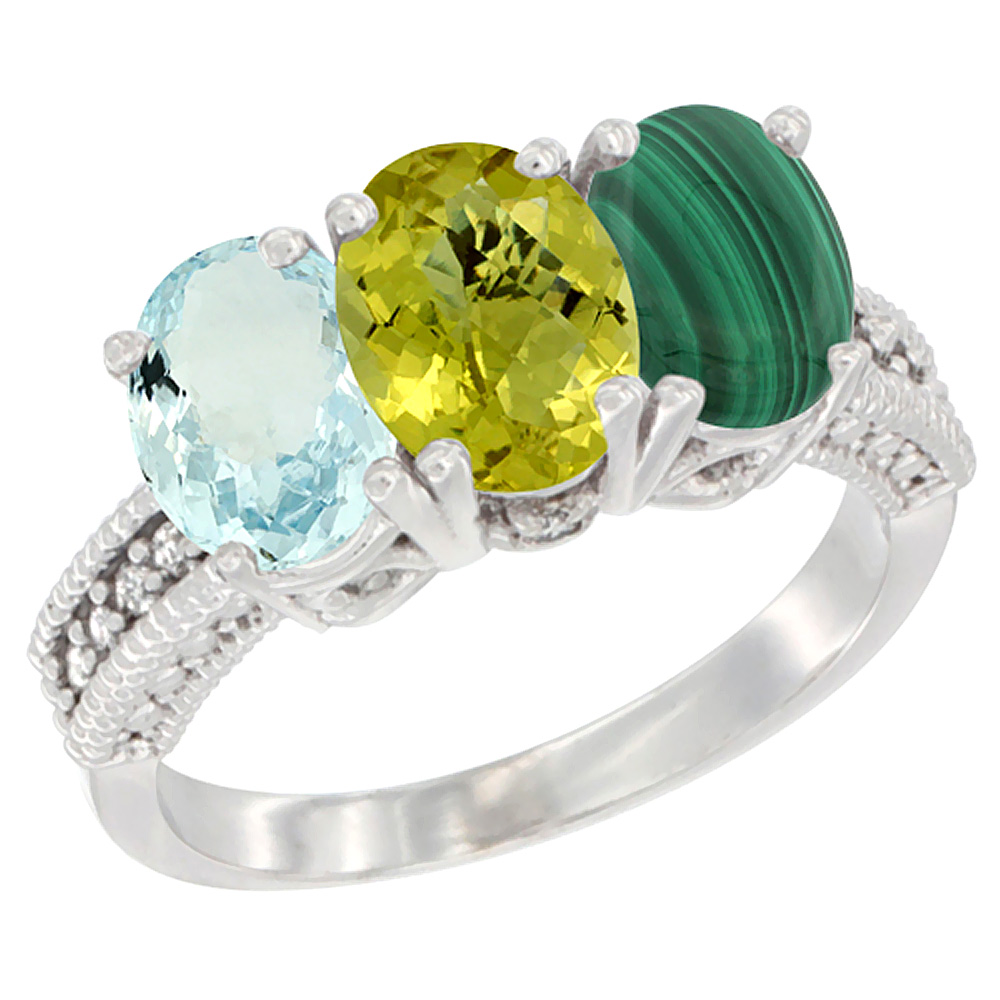 14K White Gold Natural Aquamarine, Lemon Quartz &amp; Malachite Ring 3-Stone Oval 7x5 mm Diamond Accent, sizes 5 - 10