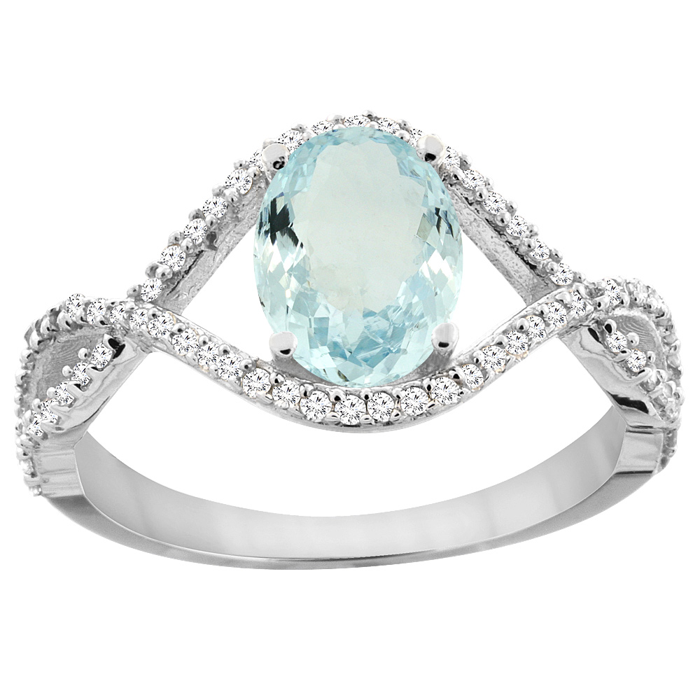 14K White Gold Natural Aquamarine Ring Oval 8x6 mm Infinity Diamond Accents, sizes 5 - 10