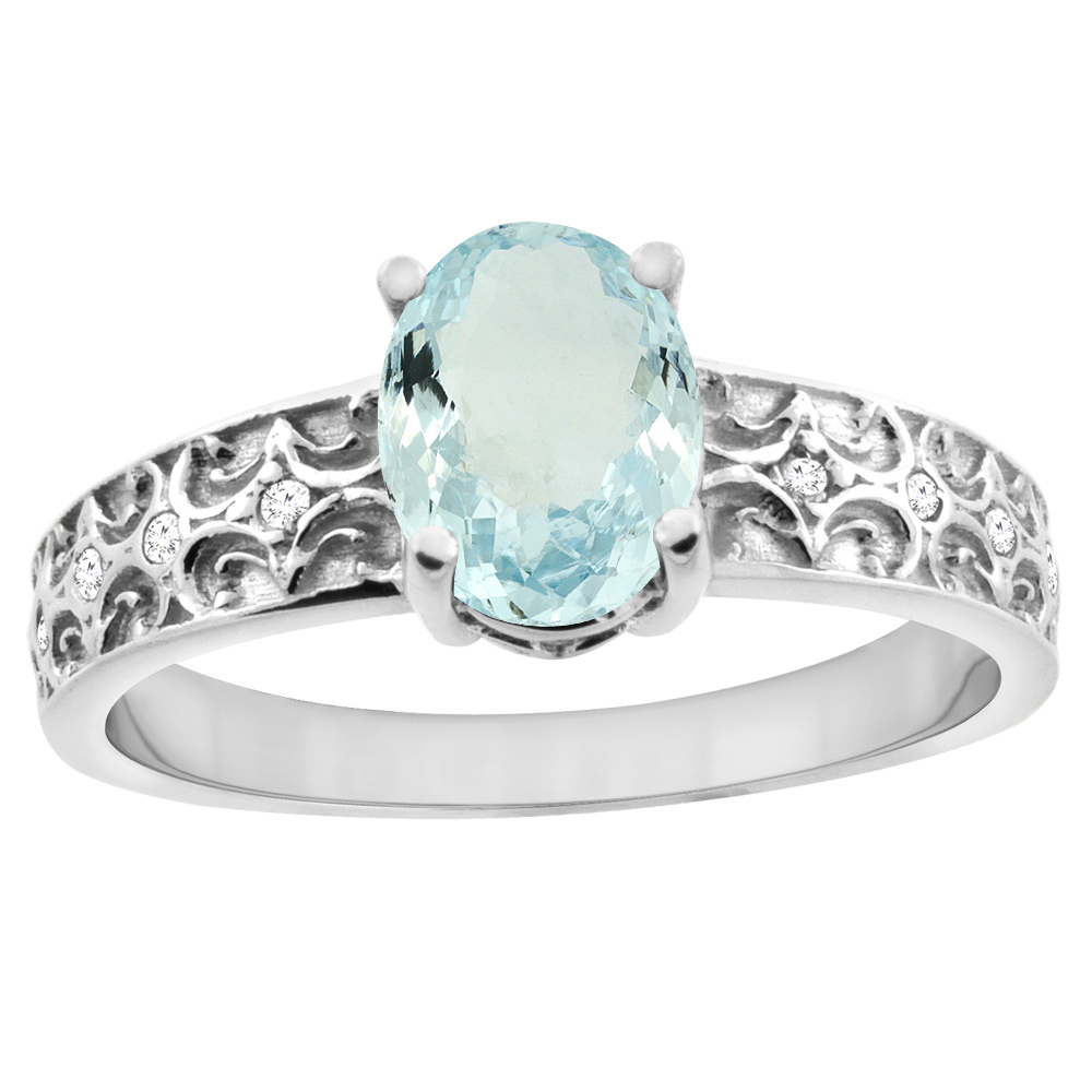 14K White Gold Natural Aquamarine Ring Oval 8x6 mm Diamond Accents, sizes 5 - 10