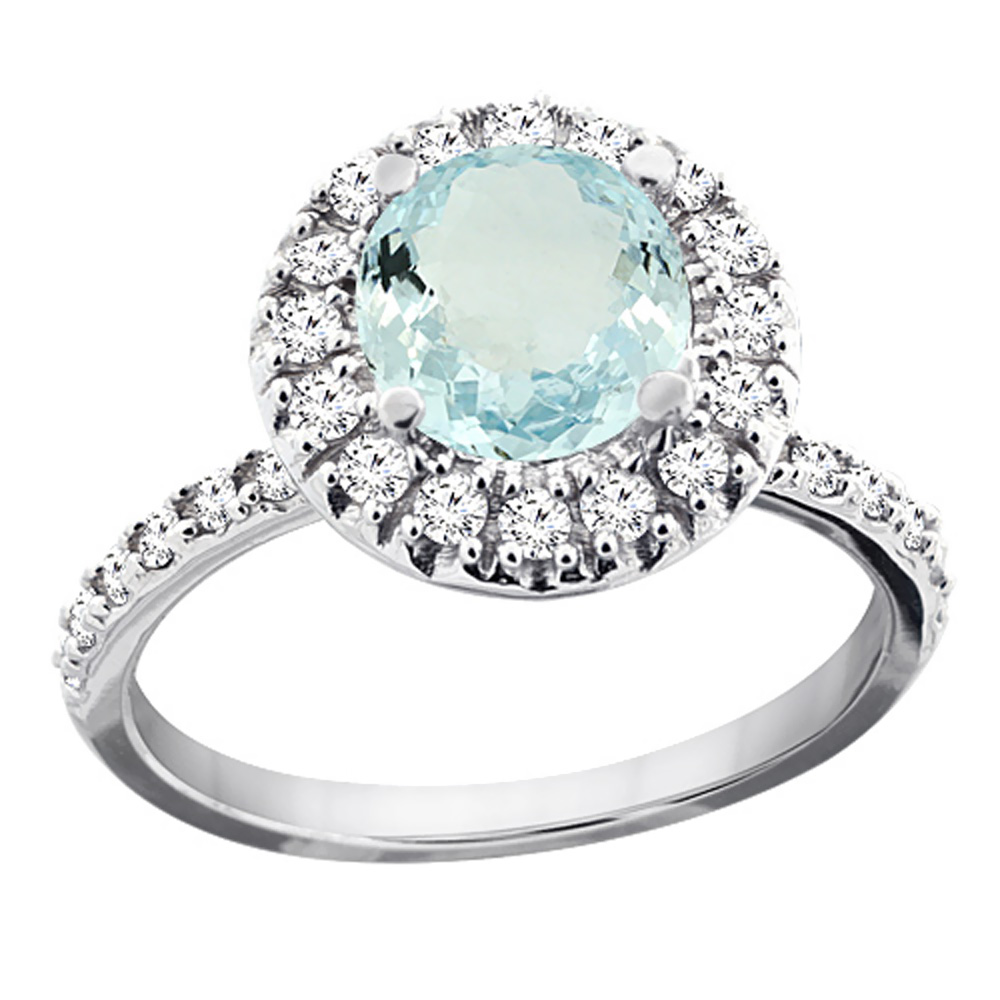 10K White Gold Natural Aquamarine Ring Round 8mm Floating Halo Diamond, sizes 5 - 10