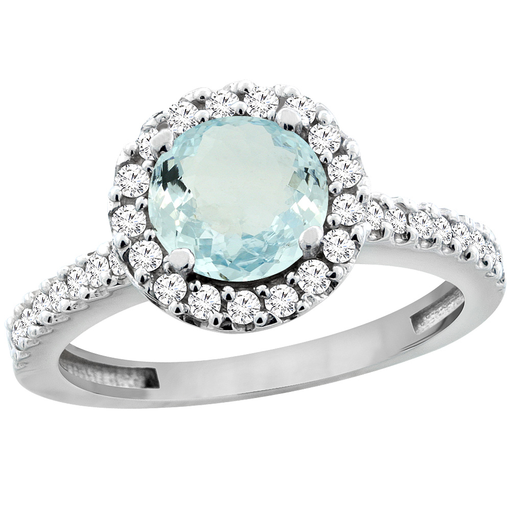 14K White Gold Natural Aquamarine Ring Round 6mm Floating Halo Diamond, sizes 5 - 10