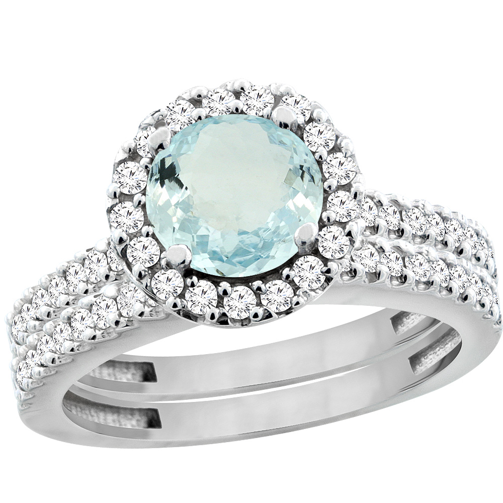 10K White Gold Natural Aquamarine Round 6mm 2-Piece Engagement Ring Set Floating Halo Diamond, sizes 5 - 10