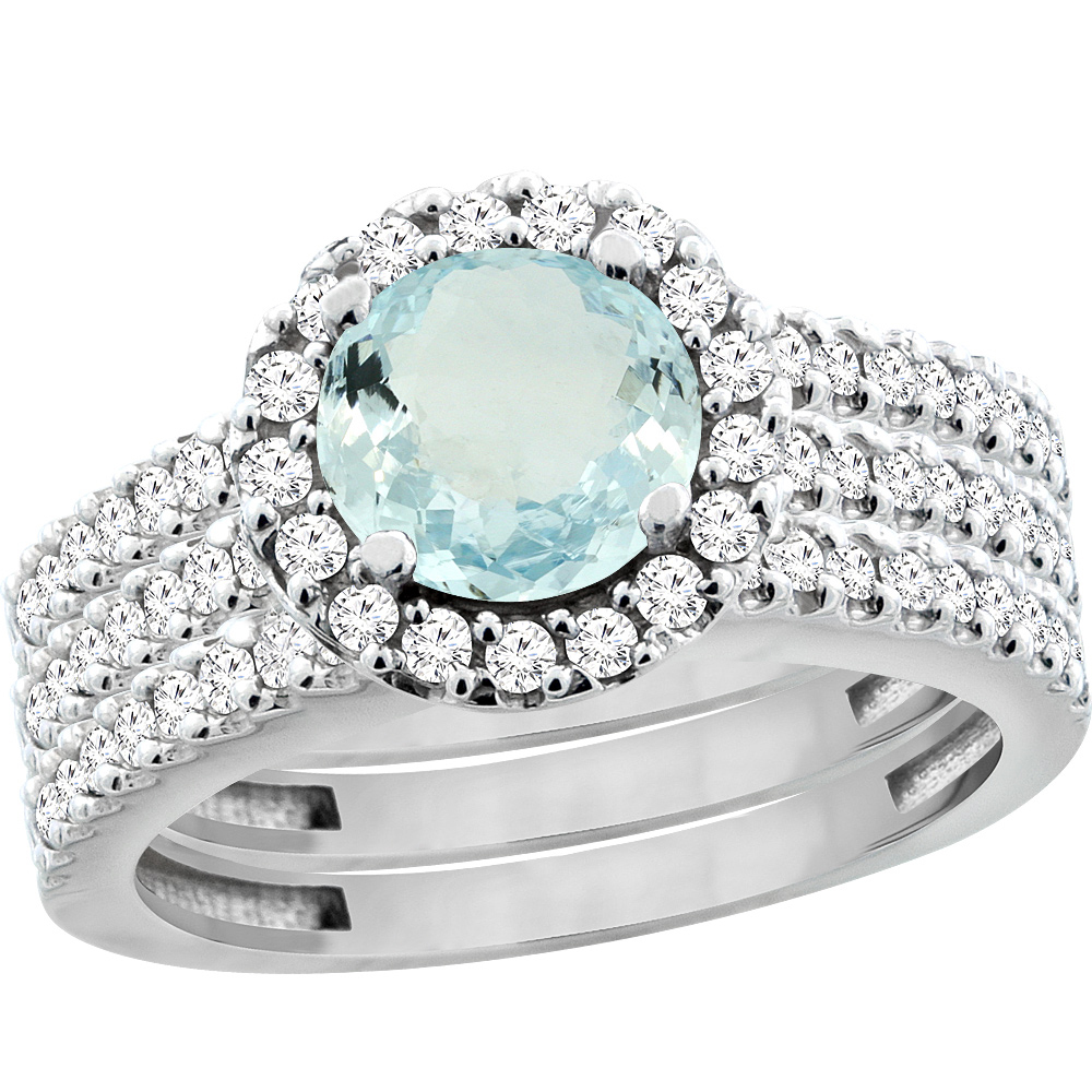 10K White Gold Natural Aquamarine 3-Piece Bridal Ring Set Round 6mm Halo Diamond, sizes 5 - 10