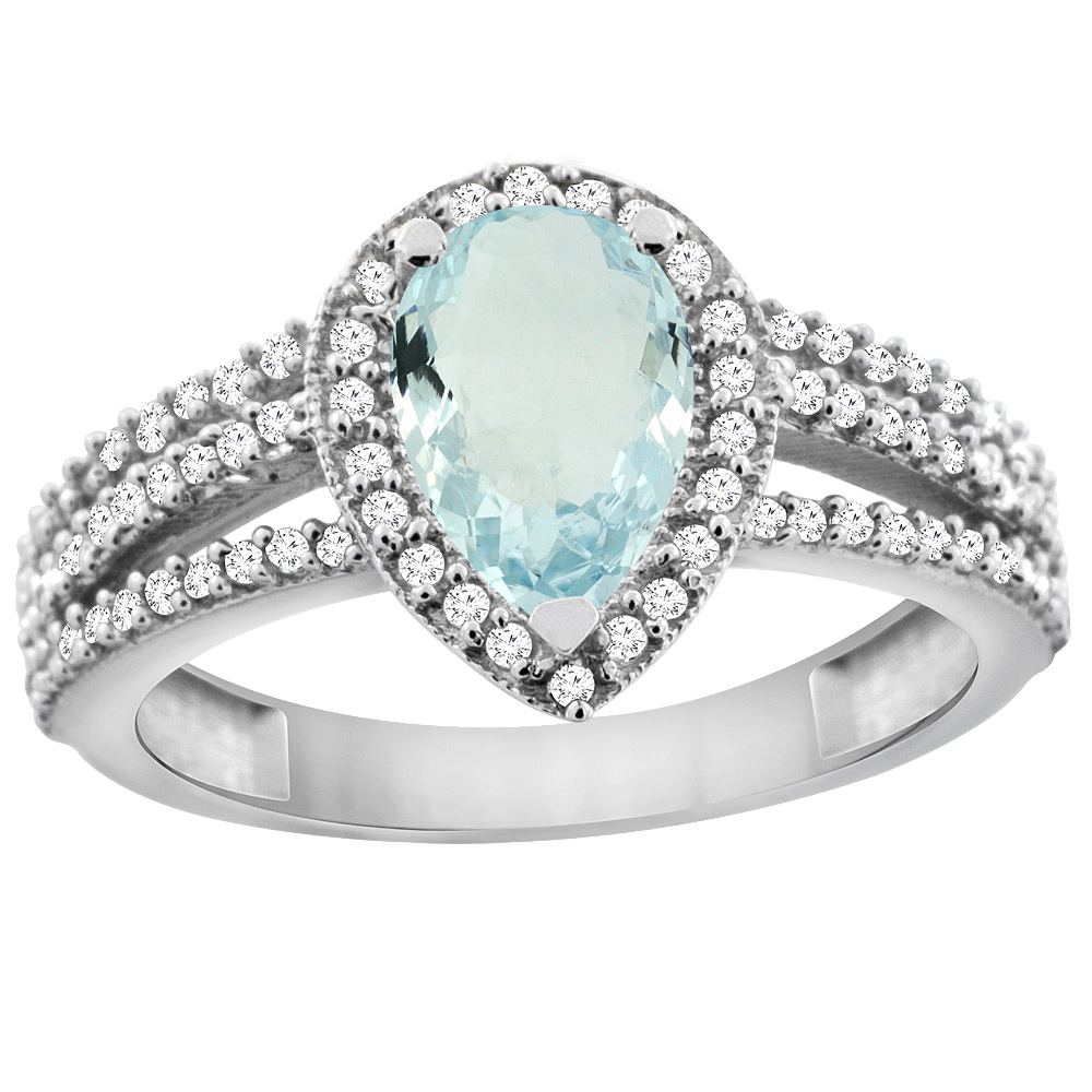 10K White Gold Natural Aquamarine Ring 9x7 Pear Halo Diamond, sizes 5 - 10