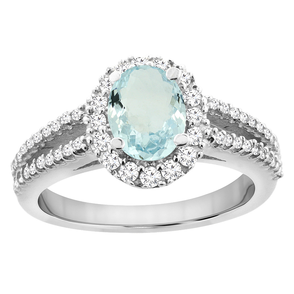 10K White Gold Natural Aquamarine Split Shank Halo Engagement Ring Oval 7x5 mm, sizes 5 - 10