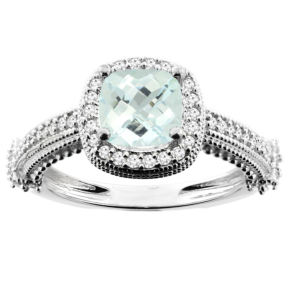 10K White/Yellow/Rose Gold Natural Aquamarine Ring Cushion 7x7mm Diamond Accent, size 5