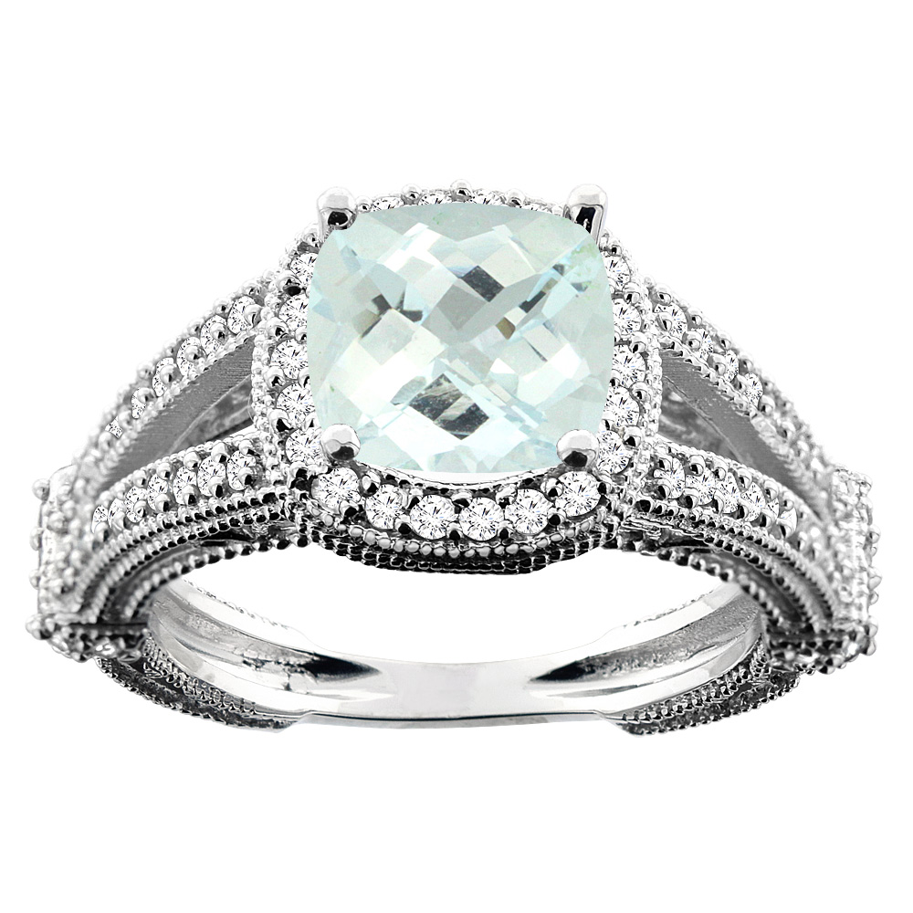 10K White/Yellow/Rose Gold Natural Aquamarine Cushion 8x8mm Diamond Accent 3/8 inch wide, sizes 5 - 10