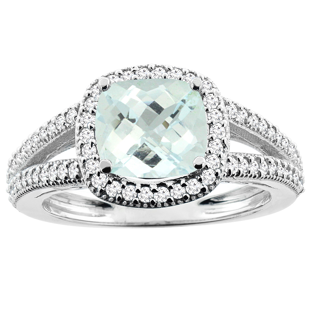 14K White Gold Natural Aquamarine Ring Cushion 7x7mm Diamond Accent 3/8 inch wide, sizes 5 - 10
