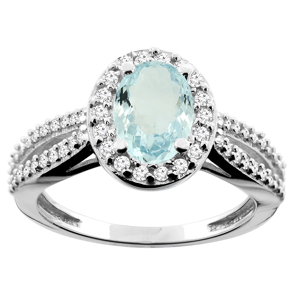 10K White/Yellow/Rose Gold Natural Aquamarine Ring Oval 8x6mm Diamond Accent, sizes 5 - 10
