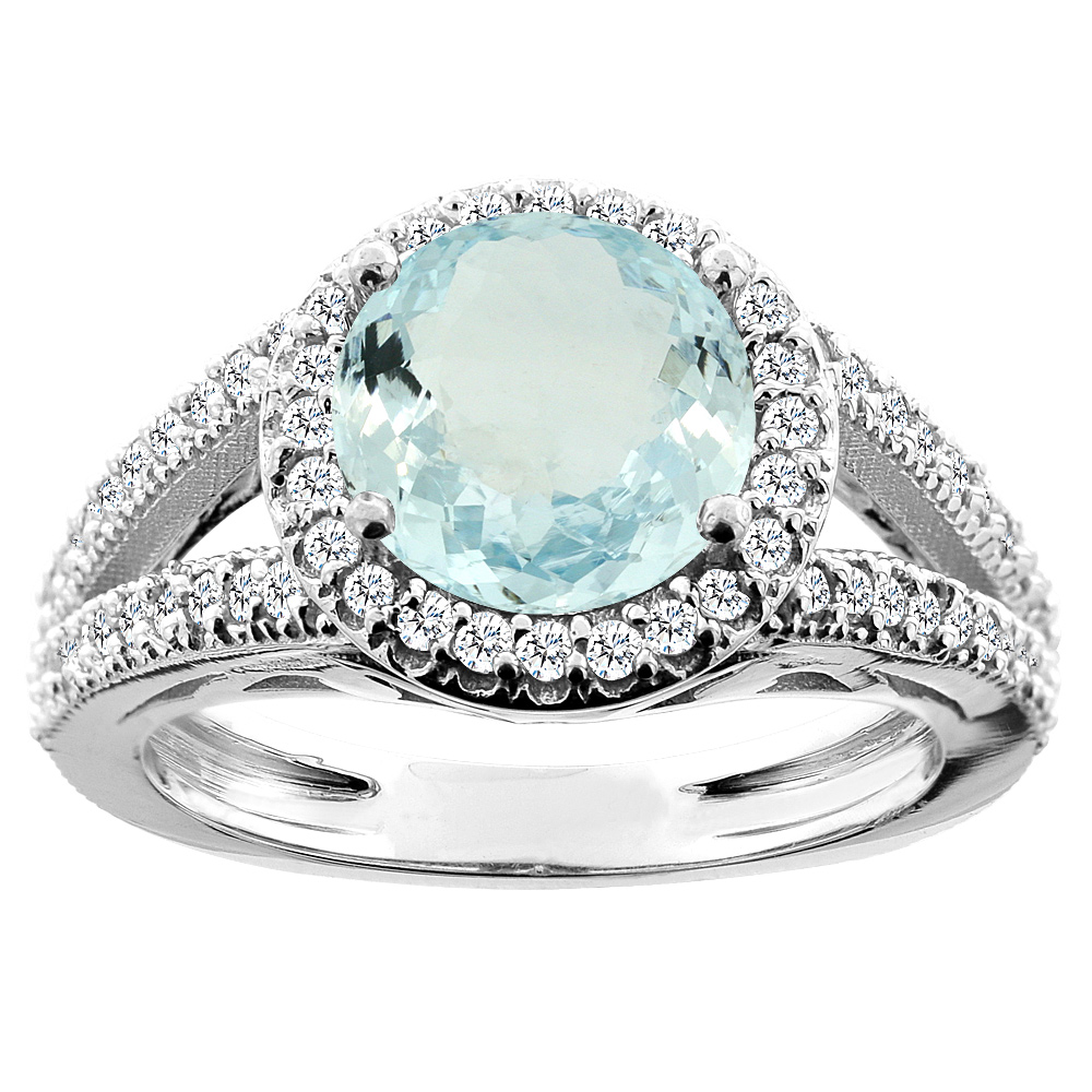 14K White/Yellow/Rose Gold Natural Aquamarine Ring Round 8mm Diamond Accent, sizes 5 - 10