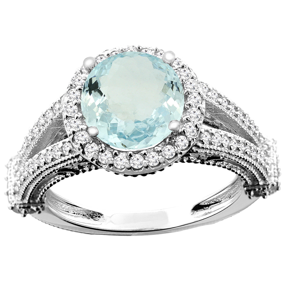 14K White/Yellow/Rose Gold Natural Aquamarine Ring Round 8mm Diamond Accent, sizes 5 - 10