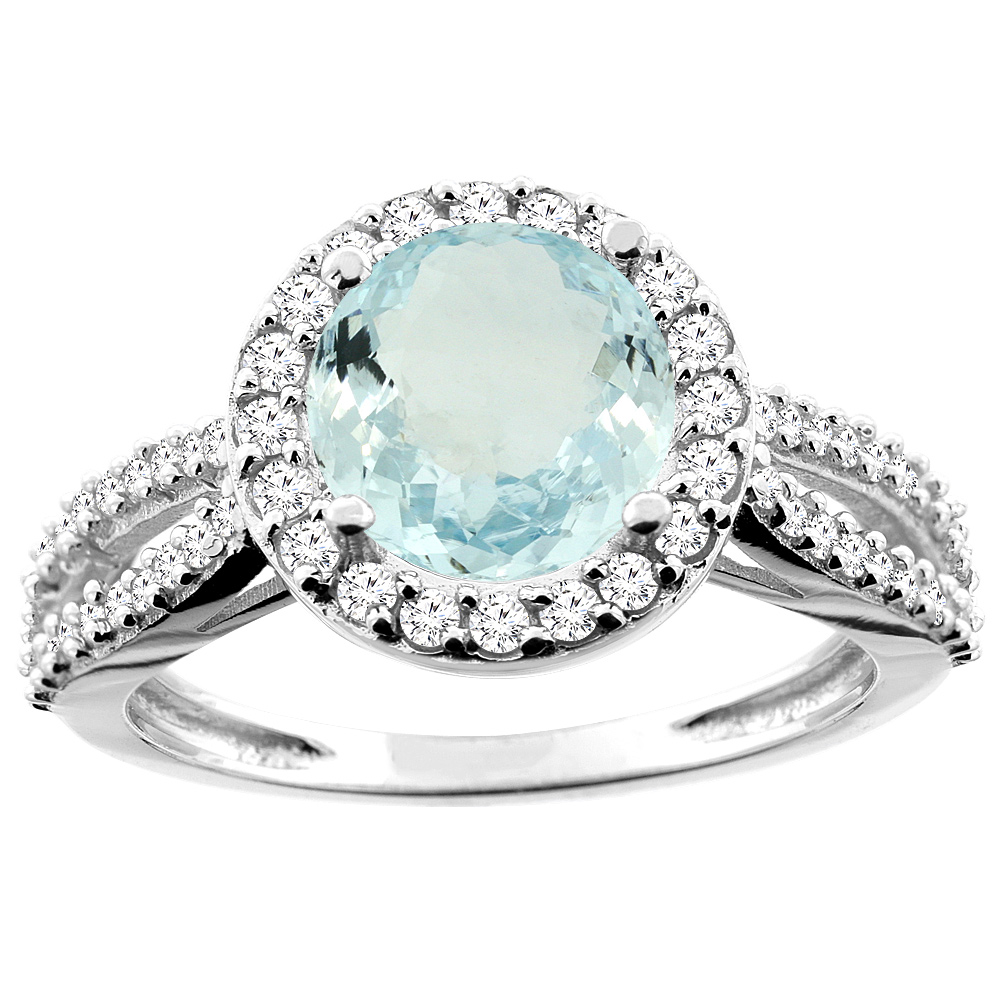 14K White/Yellow/Rose Gold Natural Aquamarine Ring Round 8mm Diamond Accent, sizes 5 - 10