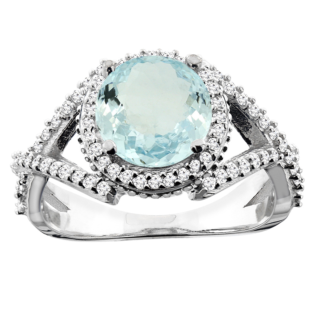 10K White/Yellow/Rose Gold Natural Aquamarine Ring Round 8mm Diamond Accent, sizes 5 - 10