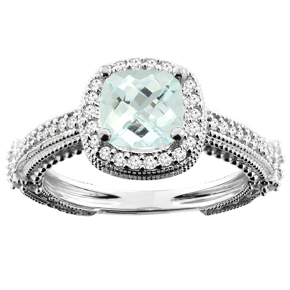 14K White/Yellow/Rose Gold Natural Aquamarine Ring Cushion 7x7mm Diamond Accent, sizes 5 - 10