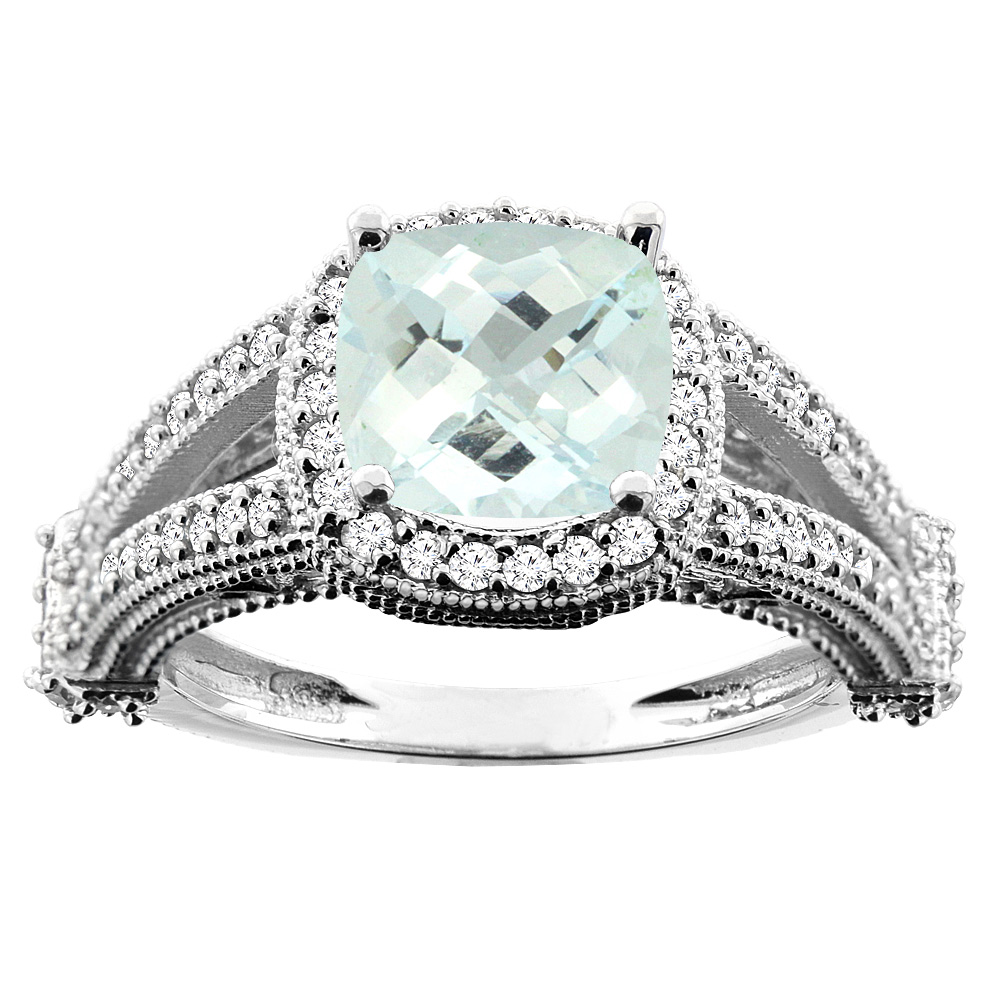 14K White/Yellow/Rose Gold Natural Aquamarine Split Shank Ring Cushion 7x7mm Diamond Accent, sizes 5 - 10