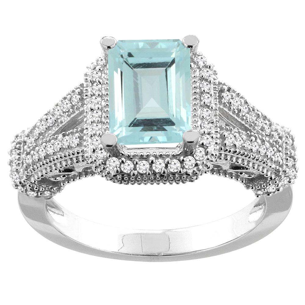 10K White/Yellow/Rose Gold Natural Aquamarine Ring Octagon 8x6mm Diamond Accent, sizes 5-10