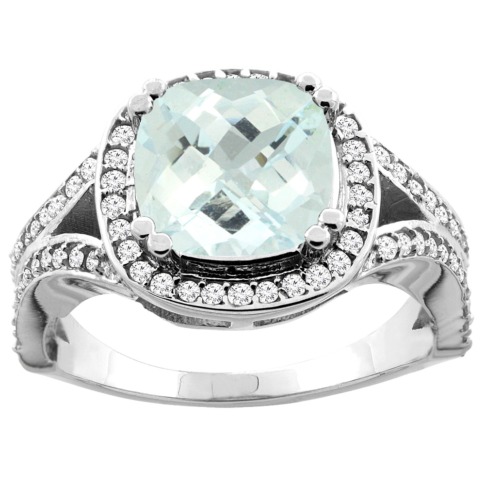 10K Yellow Gold Natural Aquamarine Split Ring Cushion 8x8mm Diamond Accent, sizes 5 - 10