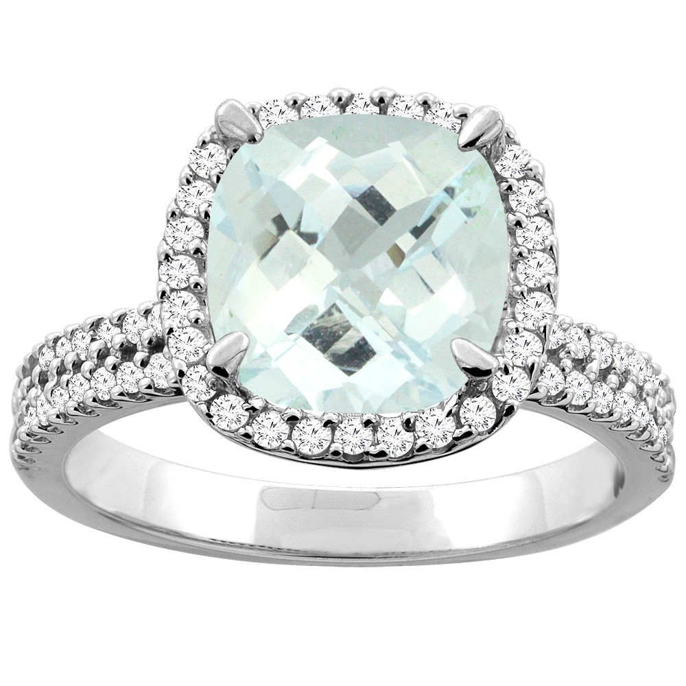 10K Yellow Gold Natural Aquamarine Halo Ring Cushion 9x9mm Diamond Accent, sizes 5 - 10