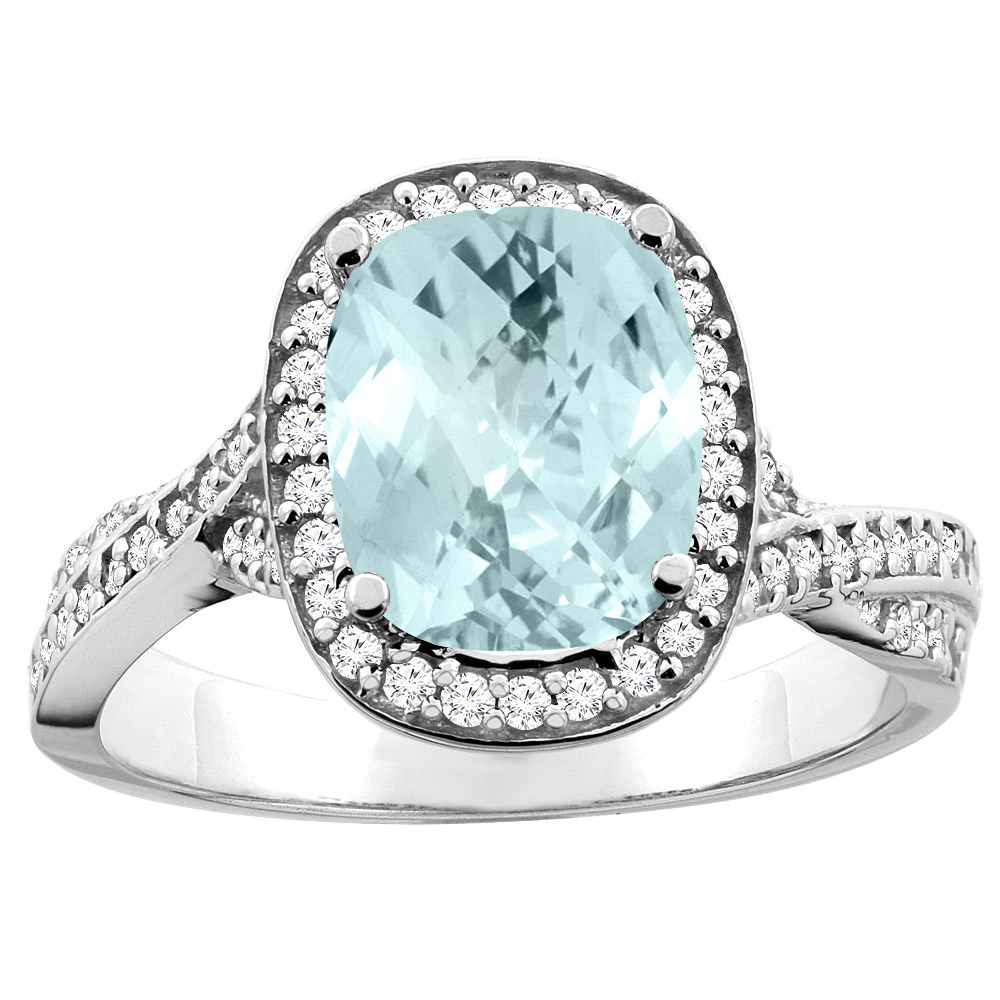 14K Yellow Gold Natural Aquamarine Halo Ring Cushion 9x7mm Diamond Accent 1/2 inch wide, sizes 5 - 10