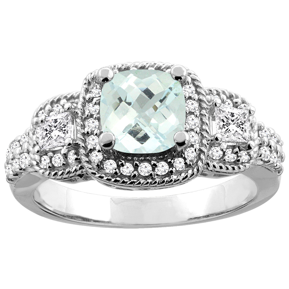 10K White/Yellow Gold Natural Aquamarine Ring Cushion 6x6 mm Diamond Accent, sizes 5 - 10