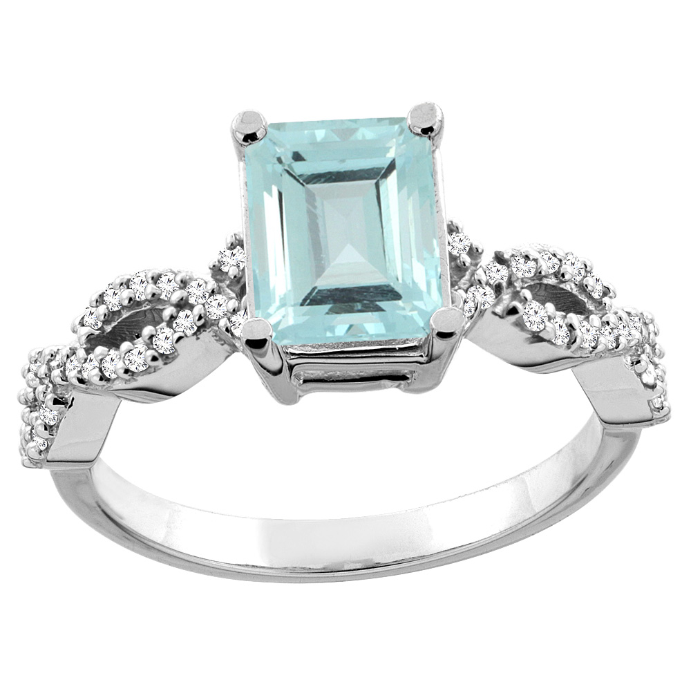 10K White/Yellow Gold Natural Aquamarine Eternity Ring Octagon 9x7mm Diamond Accent, sizes 5 - 10