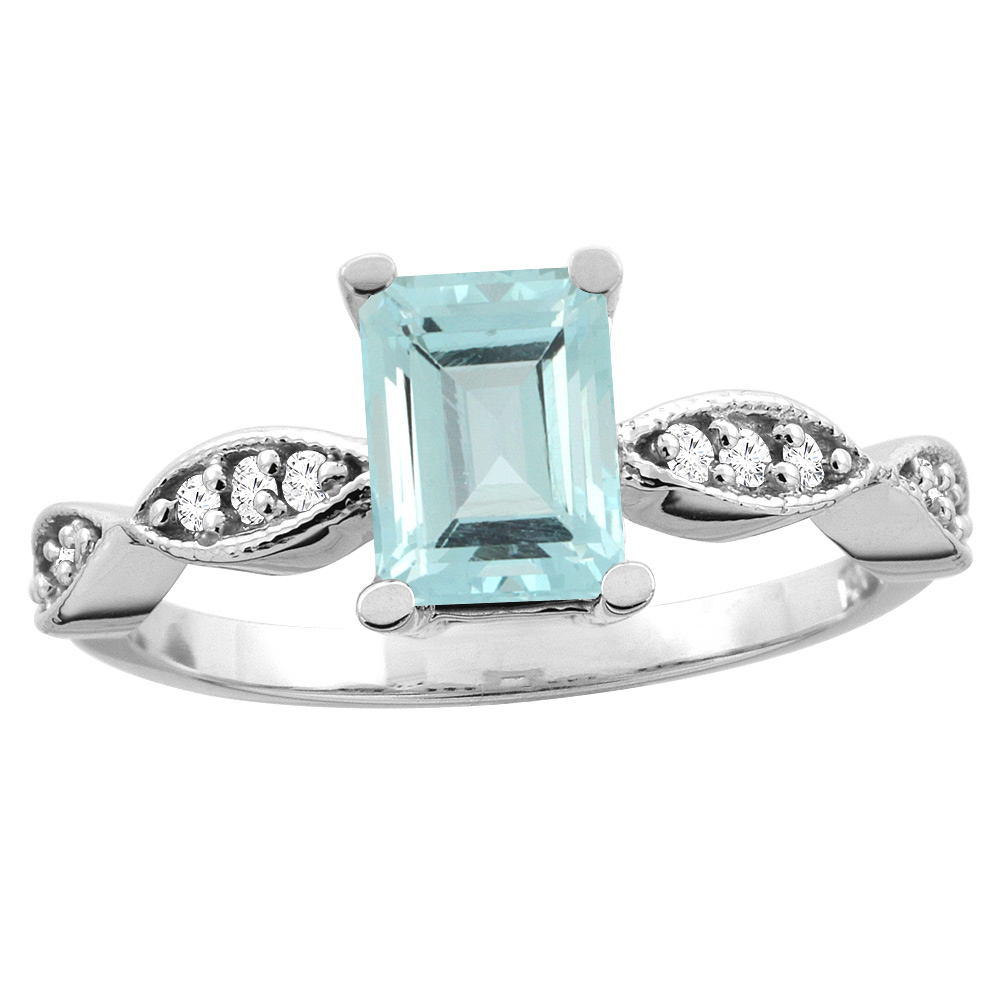 10K White/Yellow Gold Natural Aquamarine Ring Octagon 8x6mm Diamond Accent, sizes 5 - 10