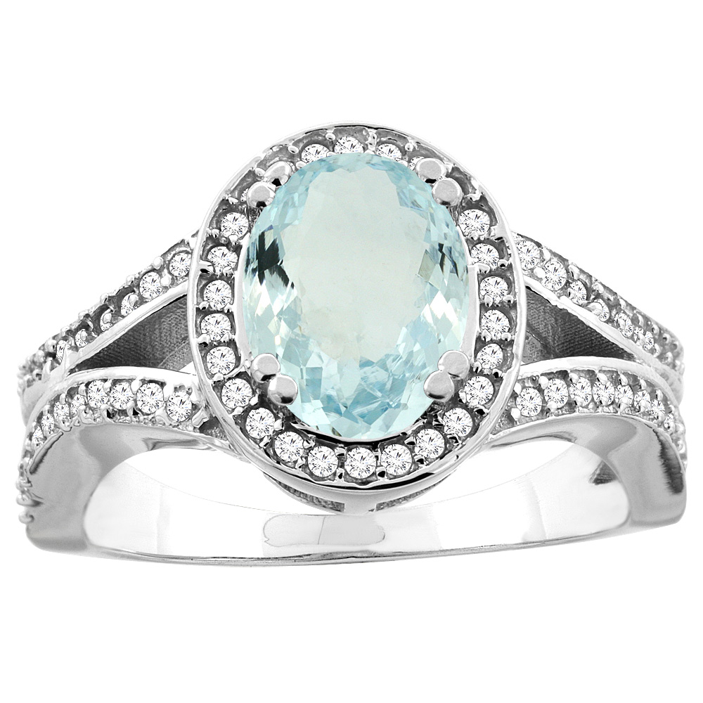 10K White/Yellow Gold Natural Aquamarine Split Ring Oval 8x6mm Diamond Accent, sizes 5 - 10