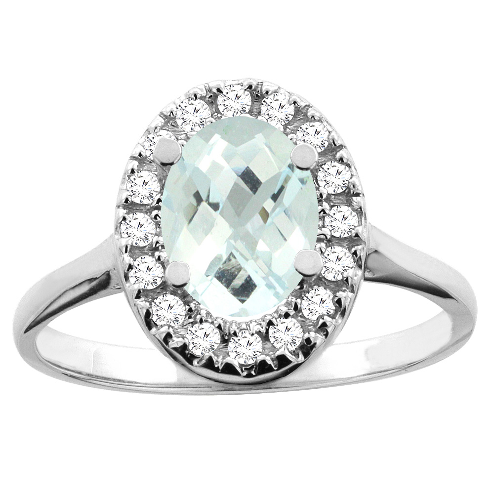 14K White/Yellow Gold Natural Aquamarine Ring Oval 8x6mm Diamond Accent, sizes 5 - 10