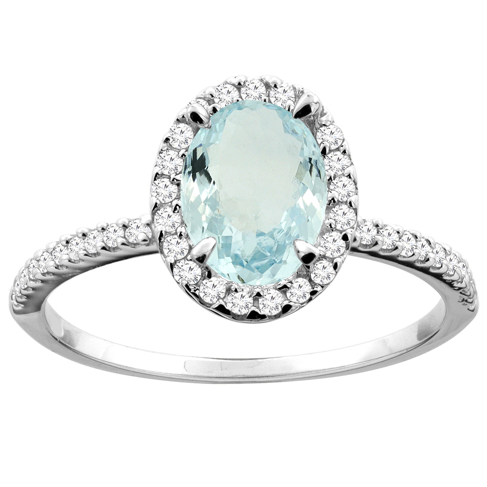 10K White/Yellow Gold Natural Aquamarine Ring Oval 8x6mm Diamond Accent, sizes 5 - 10